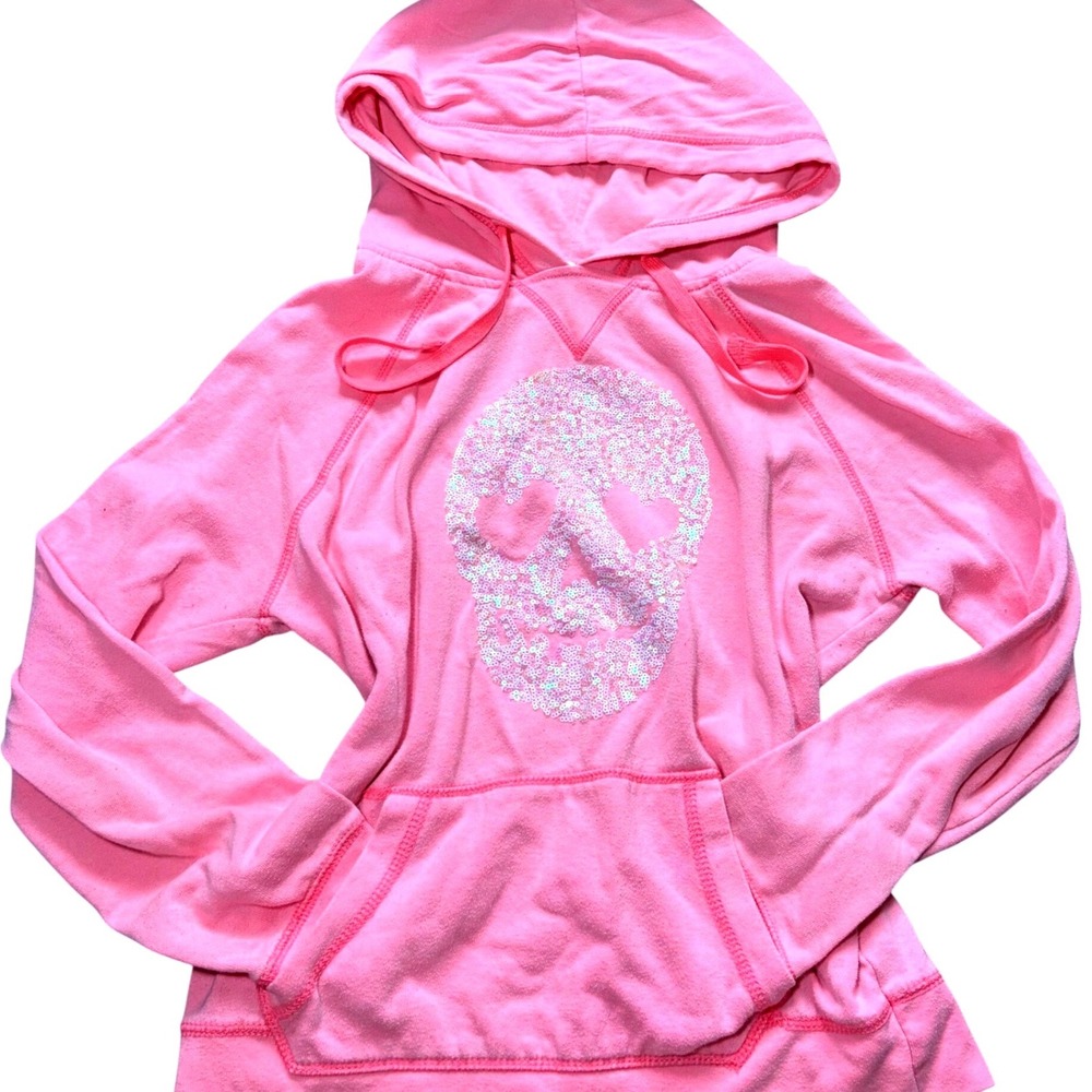 Scene Y2K Pink Sequin Skull Hoodie‎ Sweatshirt Womens Large L Long Sleeve